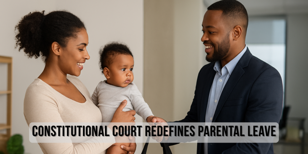 A mother in a home setting hands her baby and a baby bag to the father, who is dressed in business attire.